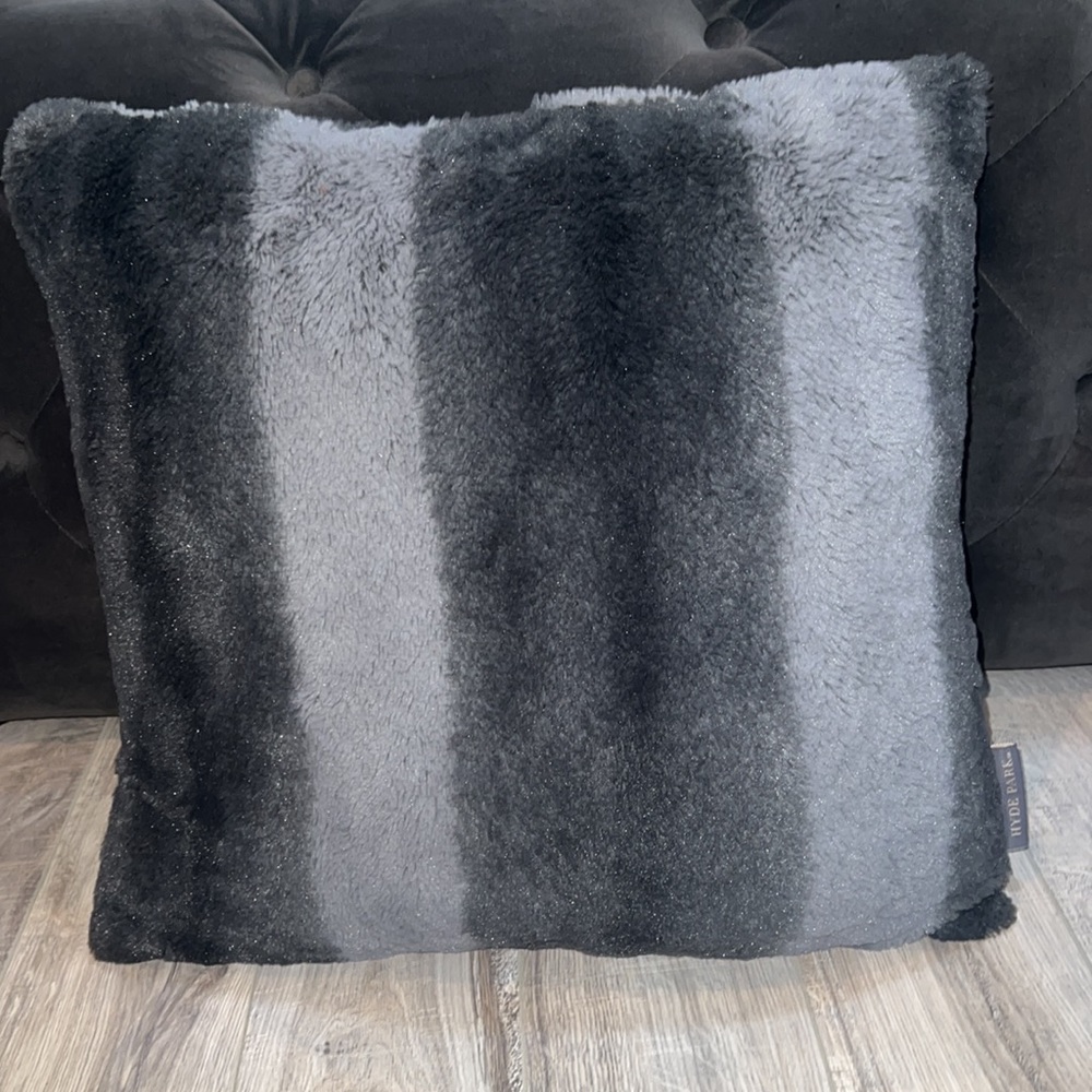2 pillows grey striped furry fuzzy faux fur Hyde park pillows decor ombré